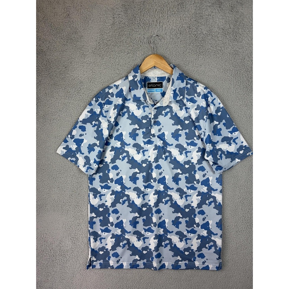 Etonic Polo Shirt Mens Medium Blue Camo Golf Performance Stretch Jersey Causal